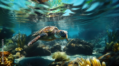 Cute sea turtle in blue water of tropical sea. Green turtle underwater photo. Wild marine animal in natural environment. Endangered species of coral reef. Tropical seashore wildlife