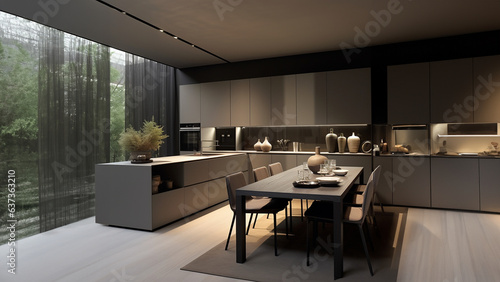 Geniale moderne Luxus Küche mit Kochinsel im braunen Stil und großen Fenster in Querformat als Banner, ai generativ © www.freund-foto.de