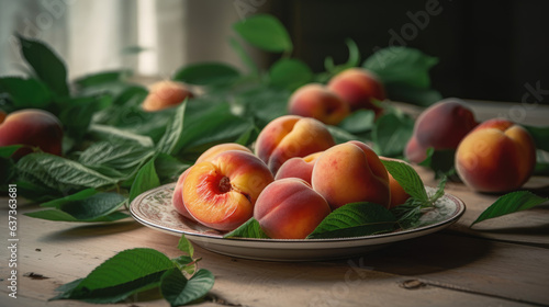 Plate with sweet peaches and leaves on white wooden background.