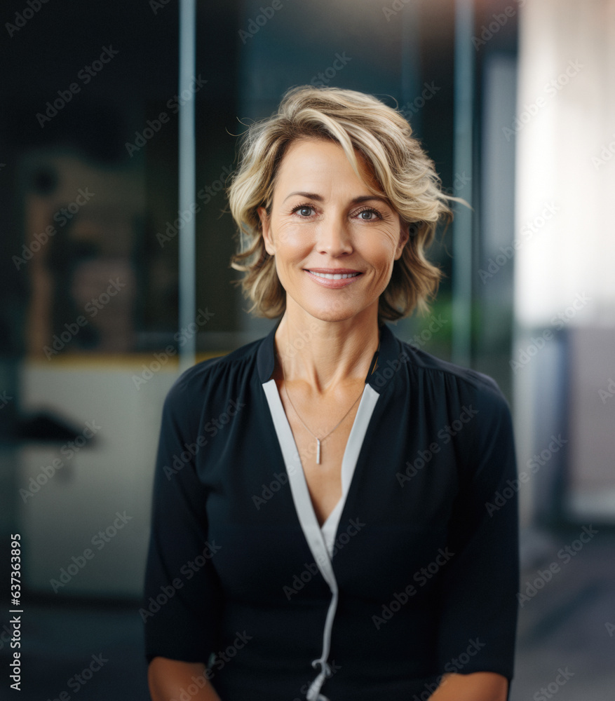 Portrait of an executive woman in her forties at office, she is smiling at camera. Generative ai Portrait of an executive woman in her forties at office, she is smiling at camera. Generative ai