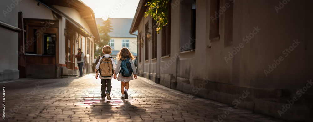Schulfreunde Junge und Mädchen Rückenansicht mit Schultasche auf dem Weg zur Schule im Querformat als Banner, ai generativ Schulfreunde Junge und Mädchen Rückenansicht mit Schultasche auf dem Weg zur Schule im Querformat als Banner, ai generativ