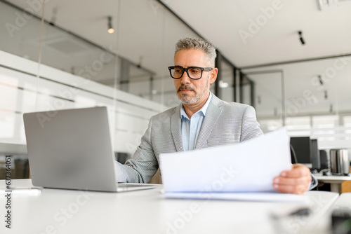 Photographie Concentrated middle age male entrepreneur using laptop, confident gray-haired ma