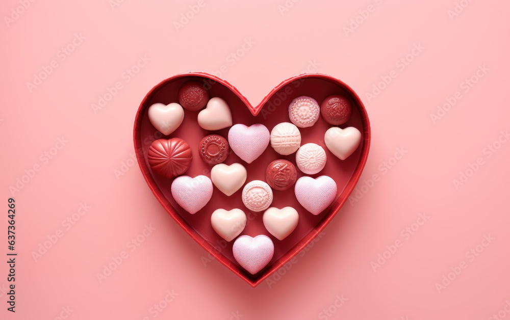 Fototapeta premium Assorted candy chocolate in a heart box on pink background