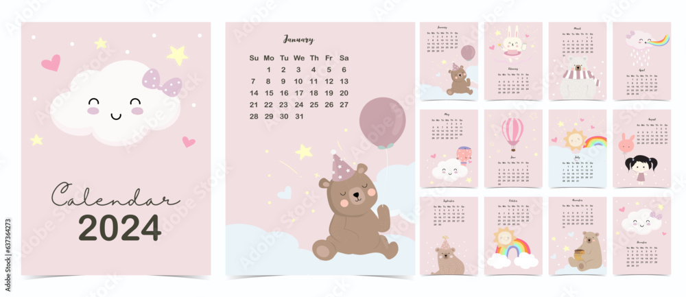 Obraz premium 2024 table calendar week start on Sunday with cartoon that use for vertical digital and printable A4 A5 size