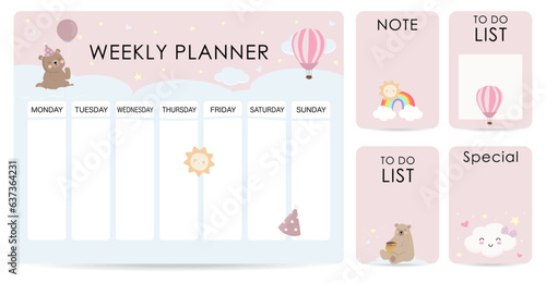 cute weekly planner background with cloud,balloon,sky.Vector illustration for kid and baby.Editable element