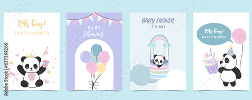 Baby shower invitation card for boy with panda, cloud, balloon, blue