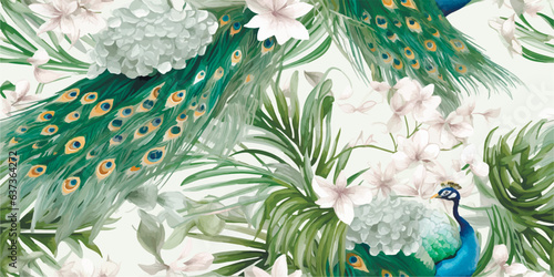 Luxurious peacock, plants and flowers. Vector Vintage Modern seamless pattern of tropical palm leaves, fern, peacock feather, butterfly for pattern, wallpaper or background. Fashionable template