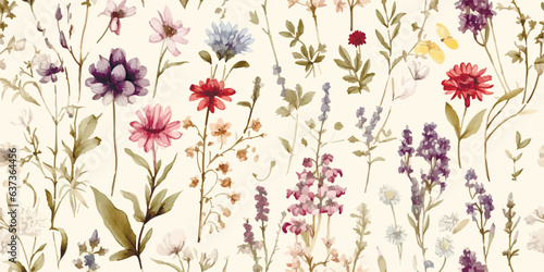 Vintage floral Vector print illustration of wild flowers, plants. Modern seamless pattern. Fashionable template for design or wedding invitations