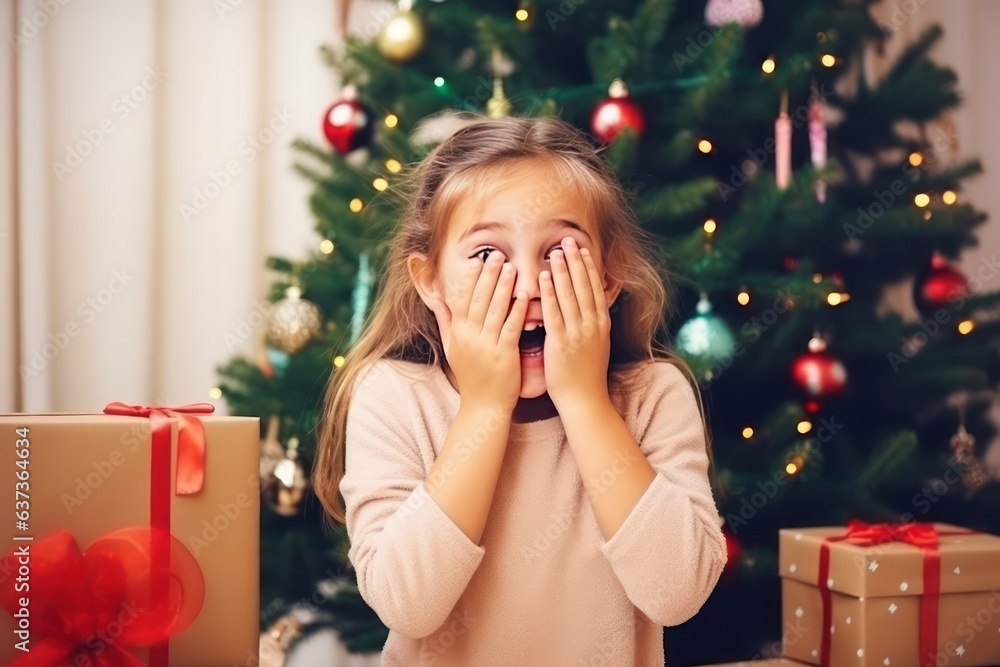 Christmas. Family. Love. Little girl is covering her eyes Christmas. Family. Love. Little girl is covering her eyes