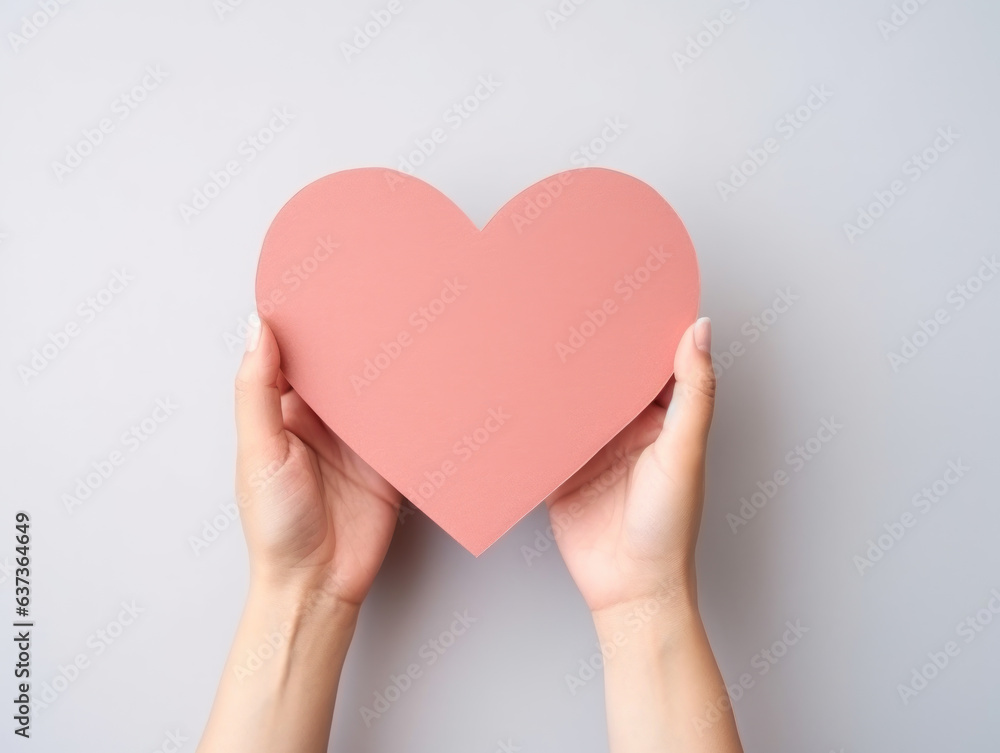 Valentine's Day, pink heart made of paper are held in the hand in love. Top view. Copy space. Valentine's Day, pink heart made of paper are held in the hand in love. Top view. Copy space.