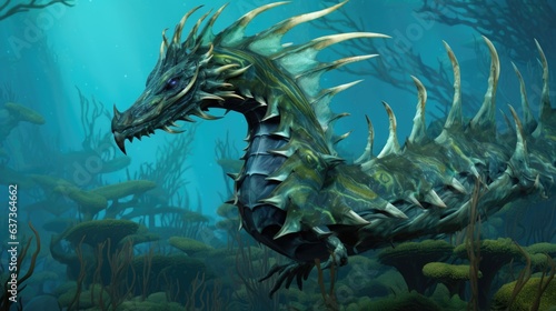 Sea dragon with glowing eyes. Head of Fantasy Monster in blue water. Creature in the ocean. Fairy tale beast. AI illustration.