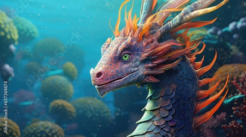 Sea dragon with glowing eyes. Head of Fantasy Monster in blue water. Creature in the ocean. Fairy tale beast. AI illustration. © Oksana Smyshliaeva
