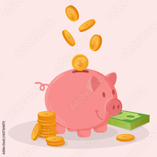 Piggy bank, coins and bills - Vector Illustration - Cash, coins, wad of bills - dollar coins flying over pink piggy bank - Finance and investment - Concept illustration