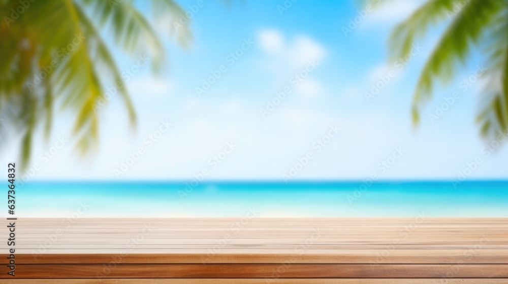 Vacation Vibes: Wooden Table and Palm Leaves by the Sea
