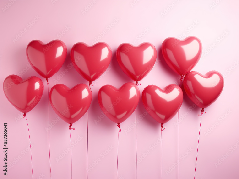 Set of heart-shaped red balloons on a pink background
