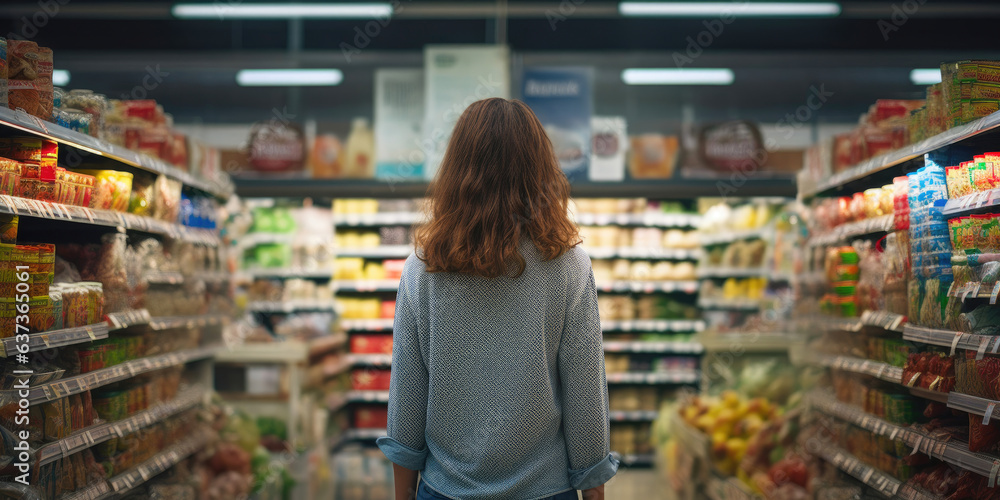 Shopping Serenity: Back View of Woman in Supermarket Aisle