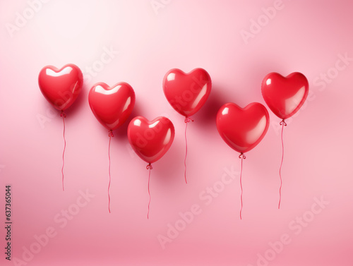 Set of heart-shaped red balloons on a pink background