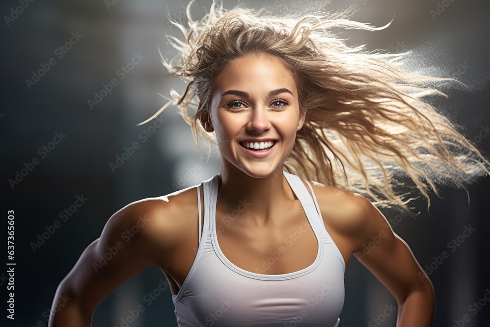 sporty happy woman smiling in the gym. generative ai. sporty happy woman smiling in the gym. generative ai.