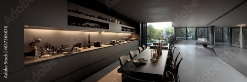 Geniale moderne Luxus Küche mit Kochinsel im braunen Stil und großen Fenster in Querformat als Banner, ai generativ