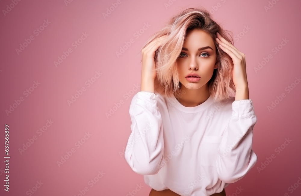 Sad woman putting her hand on her head, painful facial expression Sad woman putting her hand on her head, painful facial expression