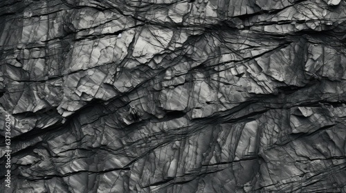 Black white rock texture on cracked layered mountain surface.