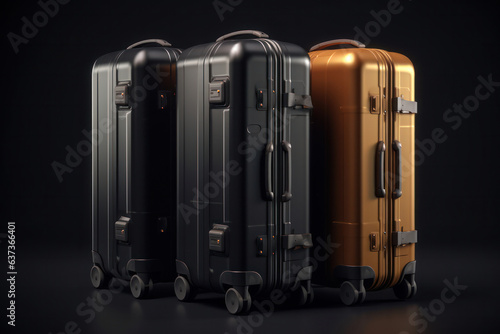 Luxury mock up suitcases, luggage for business trip on black background, copy space.