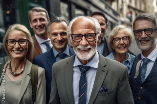 Senior Male Ceo Smiling at Camera with His Team in the Street During Workday