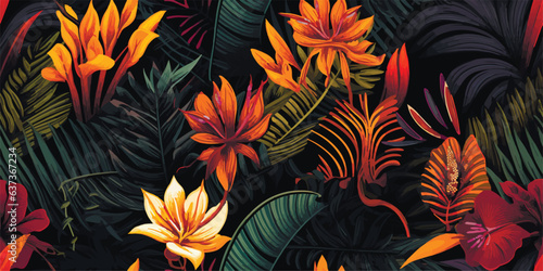 Vintage Flowers and leaves. Vector illustrations of fern, bird of paradise, black panther, palm leaf and tropical plants. Modern seamless pattern. Fashionable template for design
