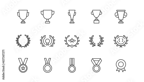 Winner trophy icon in line. Award icons. Champion cup and medal. Outline winner laurel wreath. Cup icon in line. Laurel wreath in outline. Champion medal icons set.