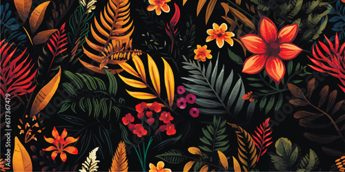 Vintage Flowers and leaves. Vector illustrations of fern, bird of paradise, black panther, palm leaf and tropical plants. Modern seamless pattern. Fashionable template for design