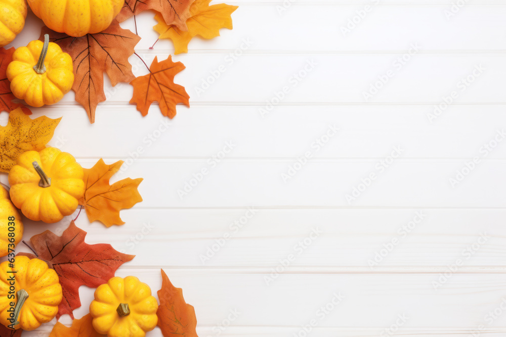 Autumn Festive Decor on White Wooden Background Autumn Festive Decor on White Wooden Background