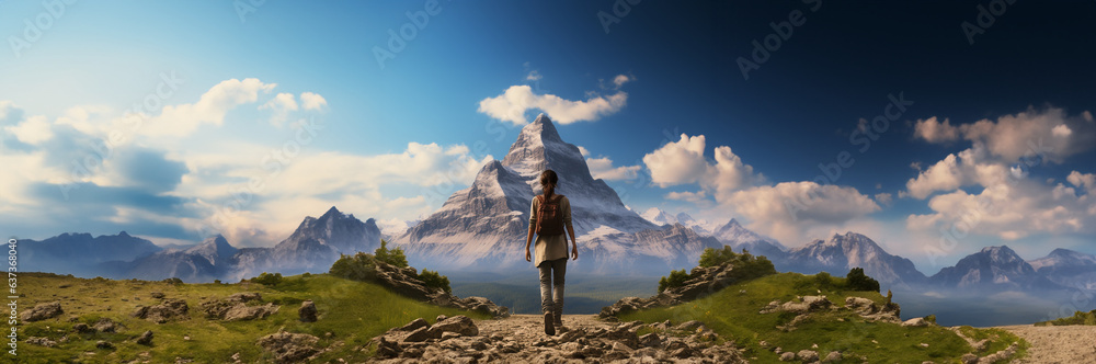Frau mit Rückenansicht auf dem Wanderweg mit Bergen im Hintergrund als Querformat für Banner, ai generativ Frau mit Rückenansicht auf dem Wanderweg mit Bergen im Hintergrund als Querformat für Banner, ai generativ