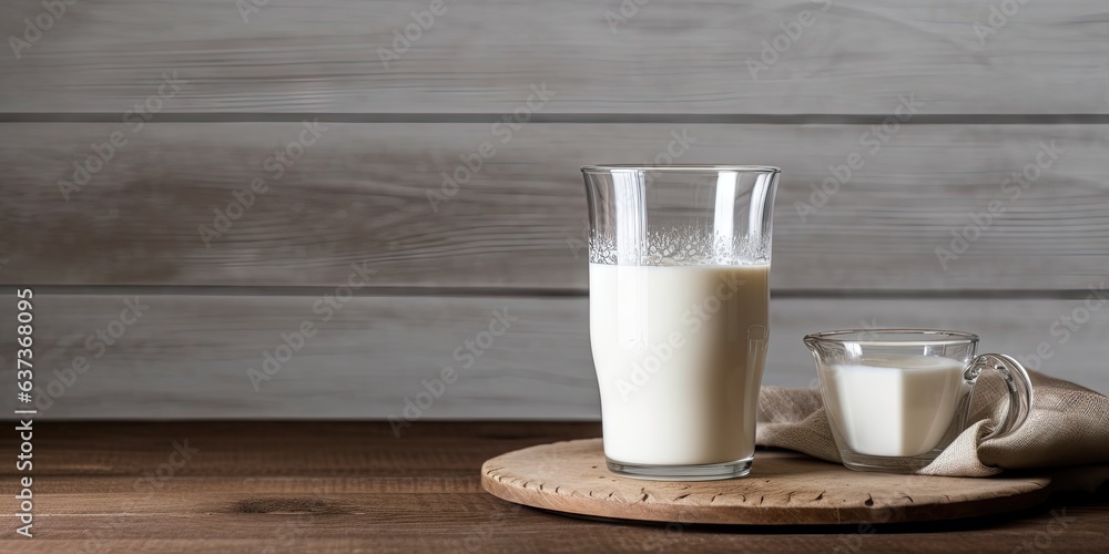 Fresh Milk in glass and jug on wooden table. Portrait of Health and Purity Fresh Milk in glass and jug on wooden table. Portrait of Health and Purity