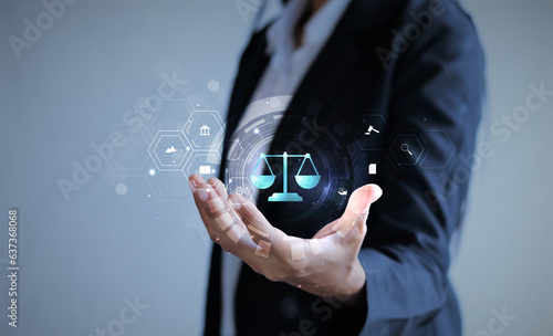 Businesswoman holding on Internet law. Cyber Law as digital legal services Labor law, Lawyer.