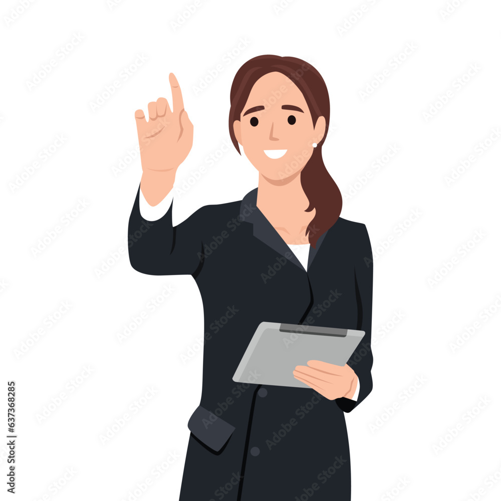 Young attractive businesswoman wearing formal suit is standing, holding tablet and touching air. Concept of contemporary successful business people. Flat vector illustration isolated on white Young attractive businesswoman wearing formal suit is standing, holding tablet and touching air. Concept of contemporary successful business people. Flat vector illustration isolated on white