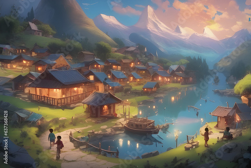Luminescent Play in Floating Mountain Village. A tranquil village below hovering peaks, where children frolic with glowing creatures.