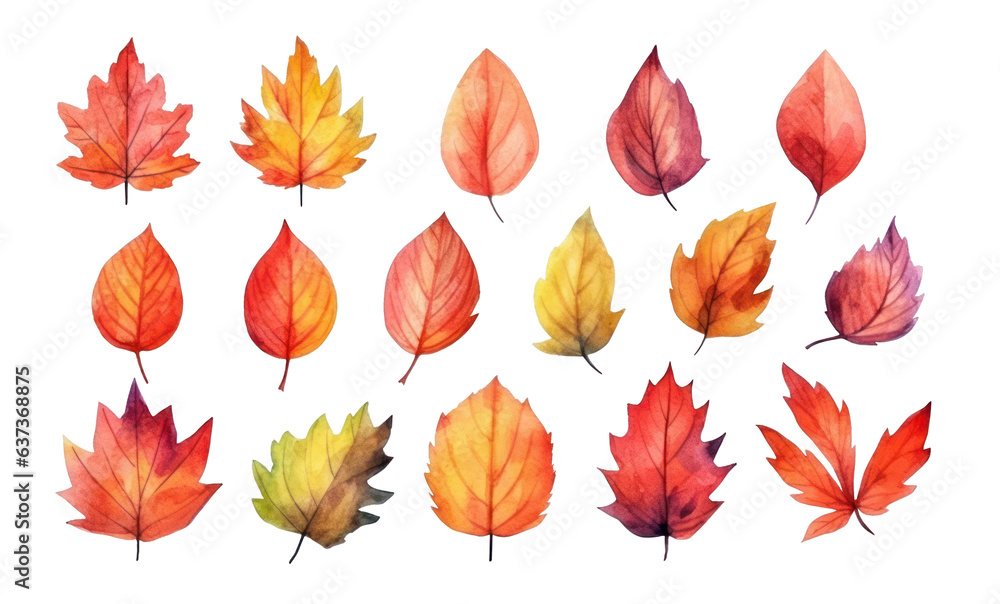 Vibrant isolated watercolor autumn leaves on white background, fall design element