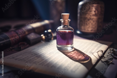 Glass bottle with purple liquid. Magical alchemy potion