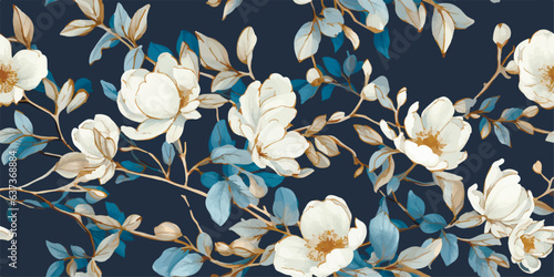 Floral print. Vector vintage illustration of blue flowers, leaves, frame, pattern for background, background. Modern seamless pattern. Fashionable template for design or wedding invitations