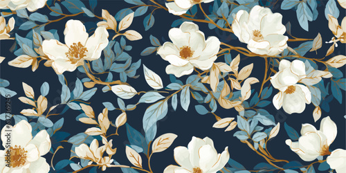 Floral print. Vector vintage illustration of blue flowers, leaves, frame, pattern for background, background. Modern seamless pattern. Fashionable template for design or wedding invitations