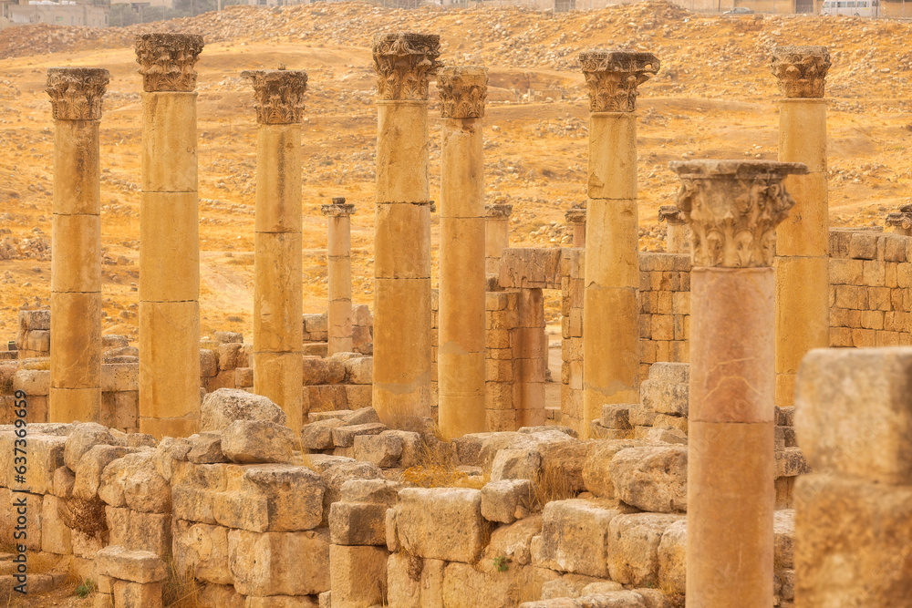 Jerash Gerasa, Jordan, ancient roman columns close-up Jerash Gerasa, Jordan, ancient roman columns close-up