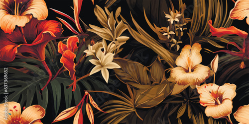 Vintage Flowers and leaves. Vector illustrations of fern, bird of paradise, black panther, palm leaf and tropical plants. Modern seamless pattern. Fashionable template for design