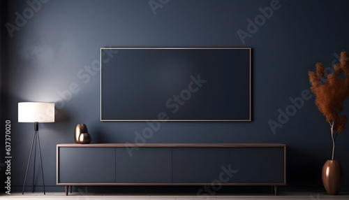 Mockup frame on cabinet in dark living room interior photo