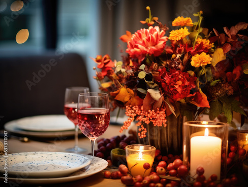 Fotografía de un centro de mesa otoñal artísticamente dispuesto en una mesa de comedor, con una iluminación suave que realza el ambiente.