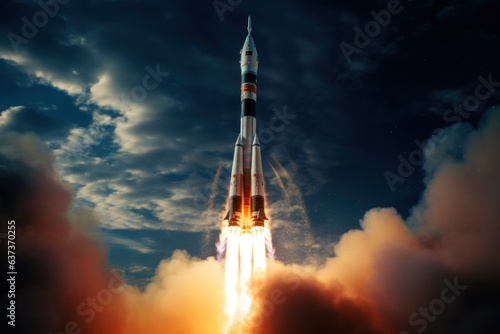 soyuz space launch vehicle launches from Baikonur Cosmodrome, view from ground level