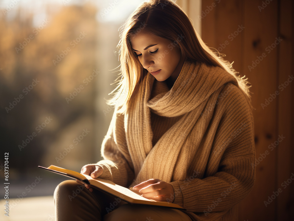 Fotografía de una mujer con un cálido cárdigan pasando la página de un diario encuadernado en cuero, con la luz del sol matutino de fondo. - obrazy, fototapety, plakaty 