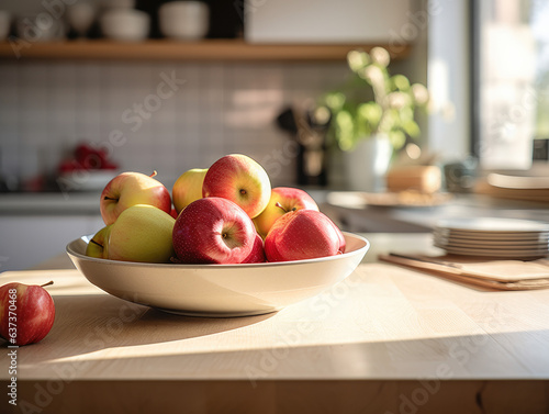 Fotografía de una cocina impecable con electrodomésticos modernos y un cuenco con manzanas frescas en la encimera. photo