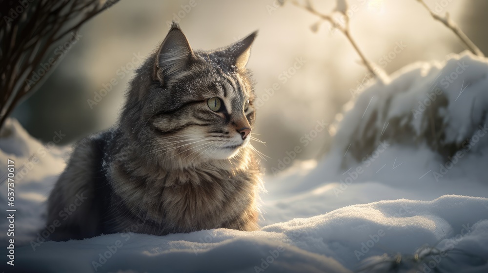 cat on sits on snow. Created with Generative AI.