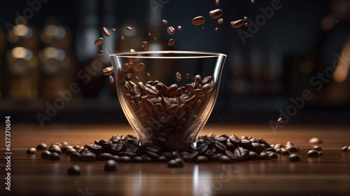 transparent cup with coffee beans. Created with generative AI.