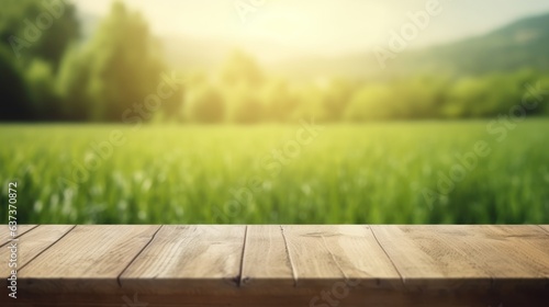 Wooden table top on blurred background of green field and blue sky
